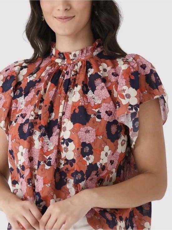 Trovata Tops - Trovata Floral Ruffle High-Neck Blouse - Rust Pink Navy Cream
